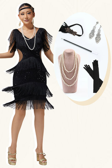 Black V Neck Bodycon Tiered Fringed Sequin 1920s Dress With 5-Piece Accessories Set